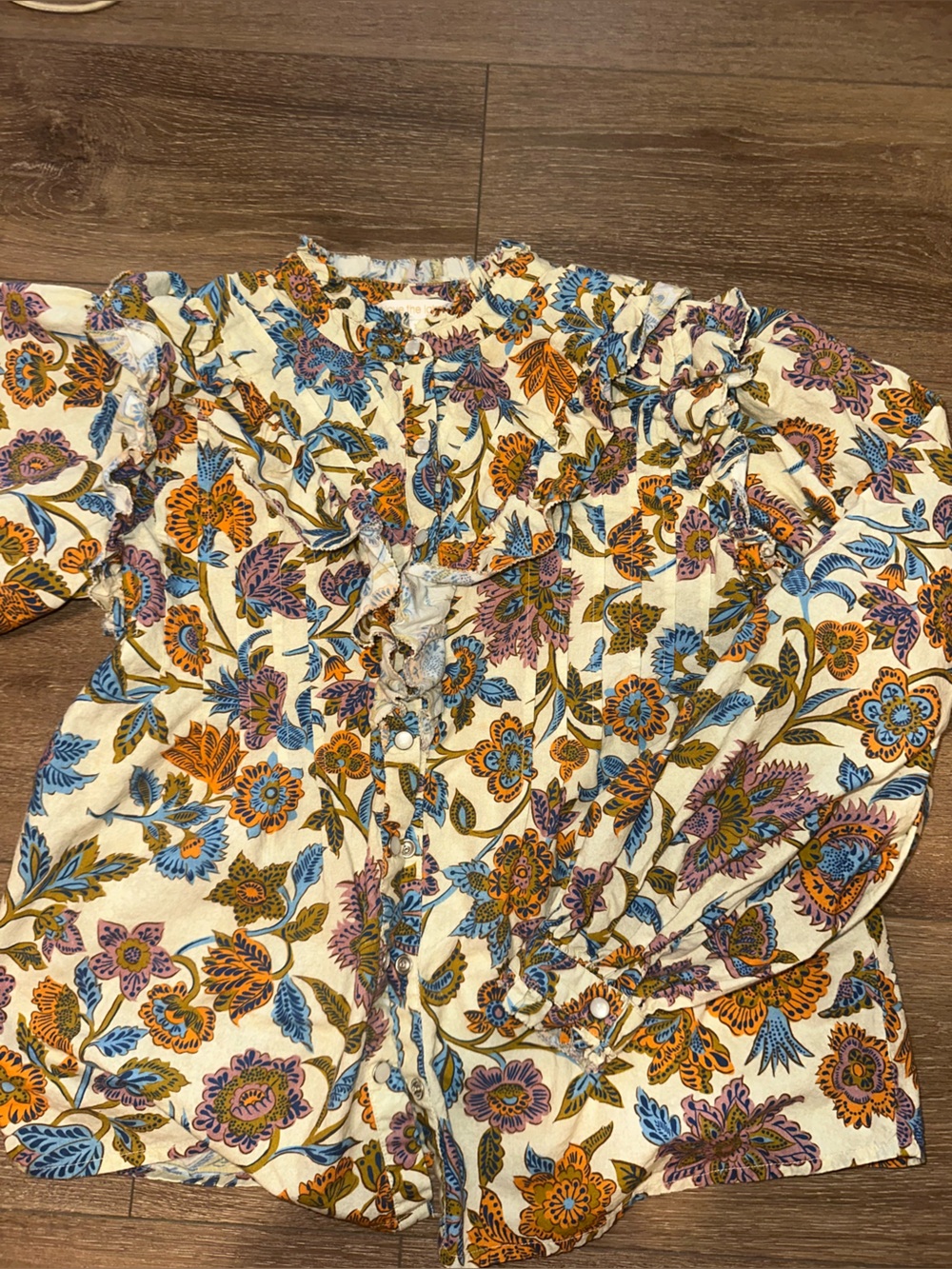 Floral Ruffle-Front Cream Blouse with Multi-Color Print